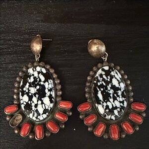 Vintage Native Large Sterling Silver White Buffalo and Coral Earrings